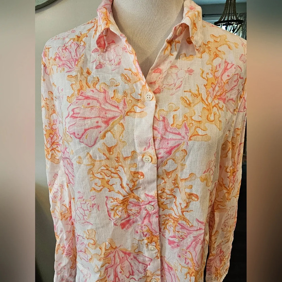 J. Jill Size Small Blouse 100% Linen Button Up Long Sleeve Coral Print Lagenlook - Picture 2 of 9